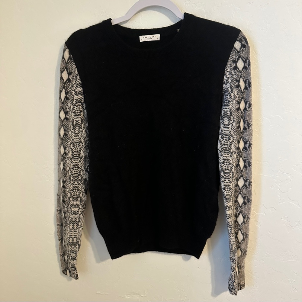 Equipment Black Crewneck Cashmere Sweater with Snake-Print Sleeves